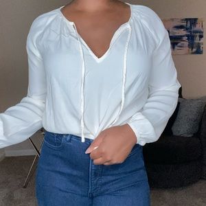 Forever 21 Long Sleeve Neck-Tie Off White Top - M